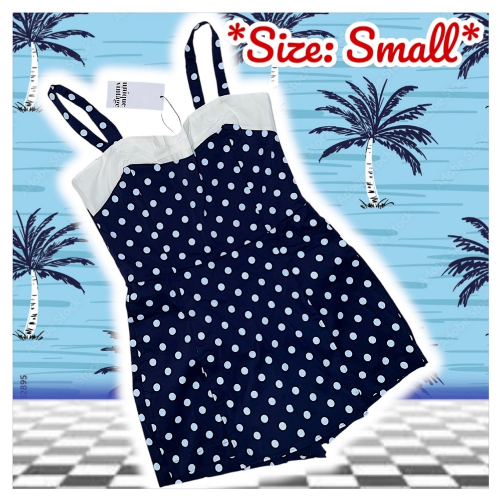 Unique Vintage Navy Blue and White Polka Dot Romper
